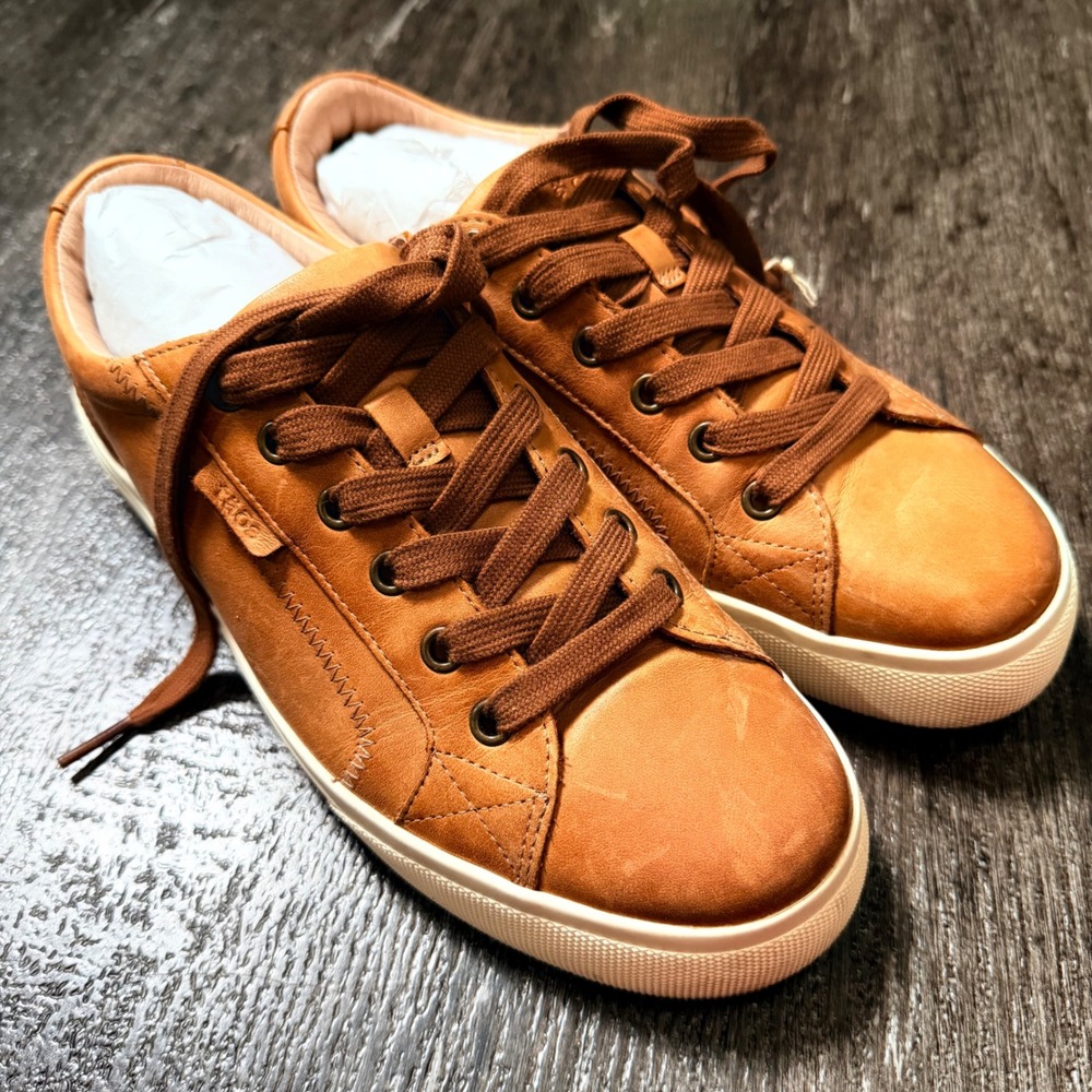 Taos Plim Soul Leather Sneakers Women 8.5 Tan Brown Low Top Lace Up Walking Shoe